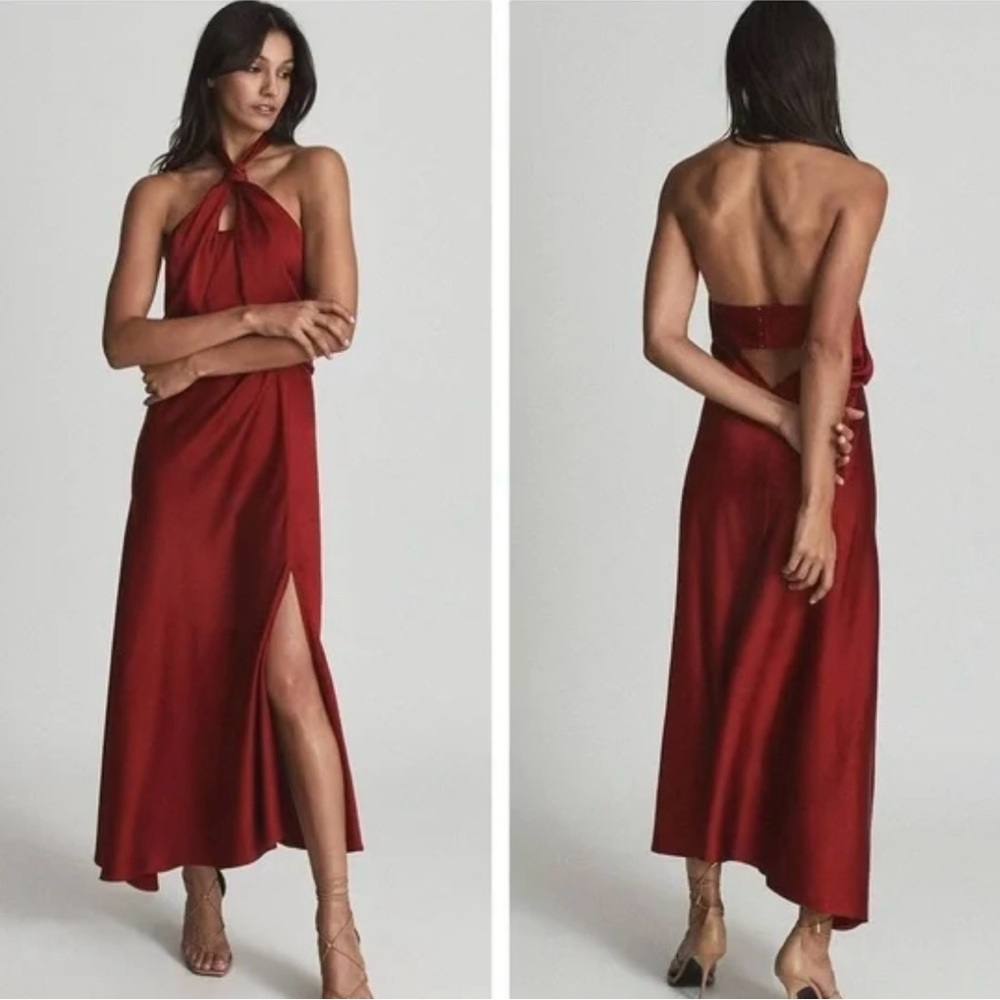 Reiss Lorena maxi halter dress dark red wine satin sz 8 reg $545